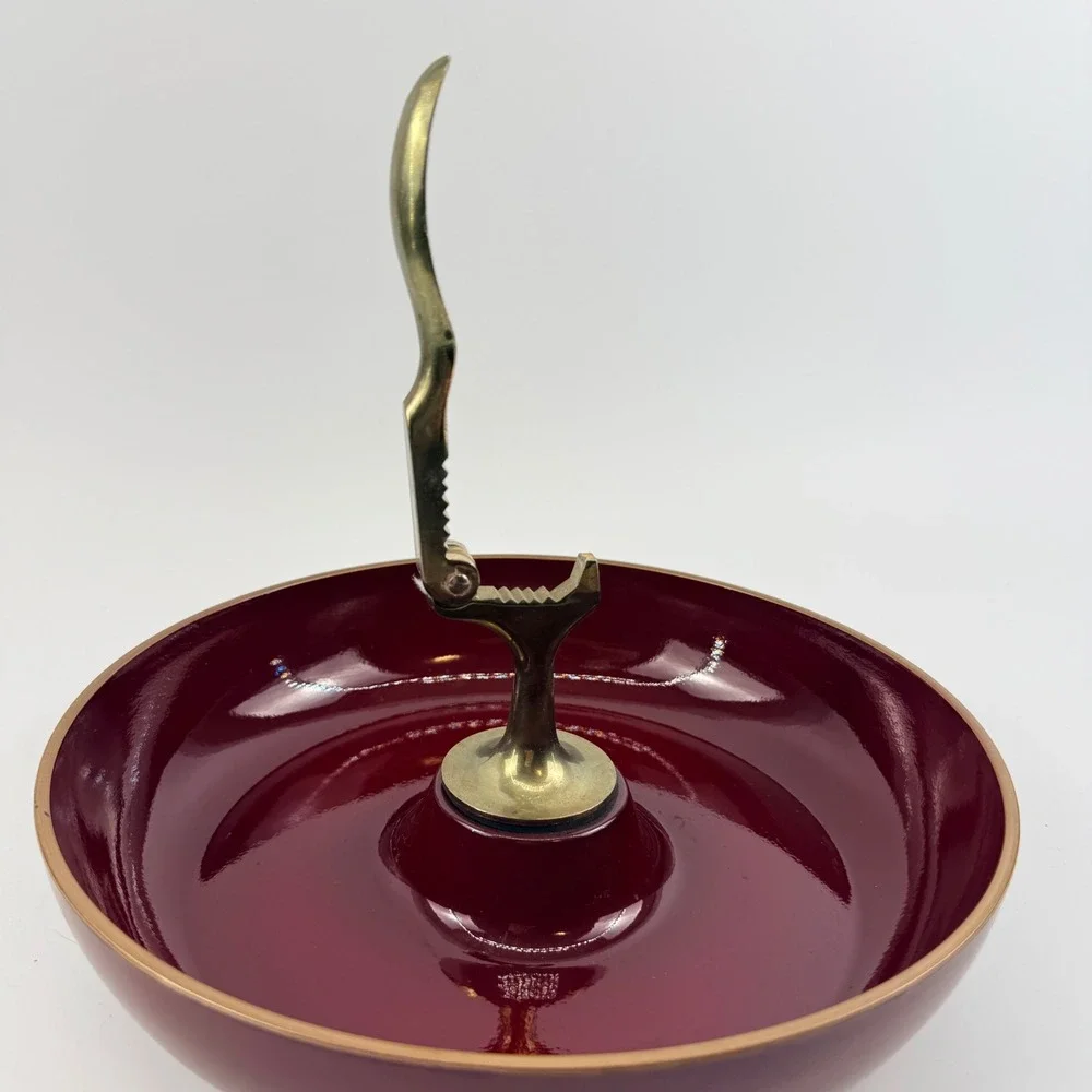 Vintage Japanese Lacquer Nut Bowl with Brass Nutcracker Burgundy Made in Japan